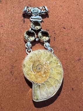 Ammonite Fossil Smoky Topaz 925 Silver Plated Teardrop Pendant 2.8"